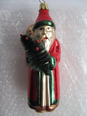 Pier 1 Blown Glass Santa Claus Holding Bottle Brush Tree Christmas Ornament Vtg